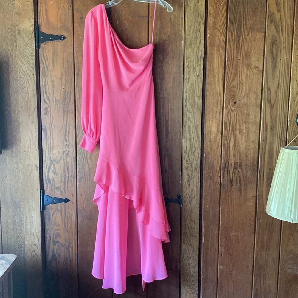Belle By Badgley Mischka Bailey 1 Shoulder L/S Ruffle High Lo Asymmetrical Hem 6 - Picture 3 of 14